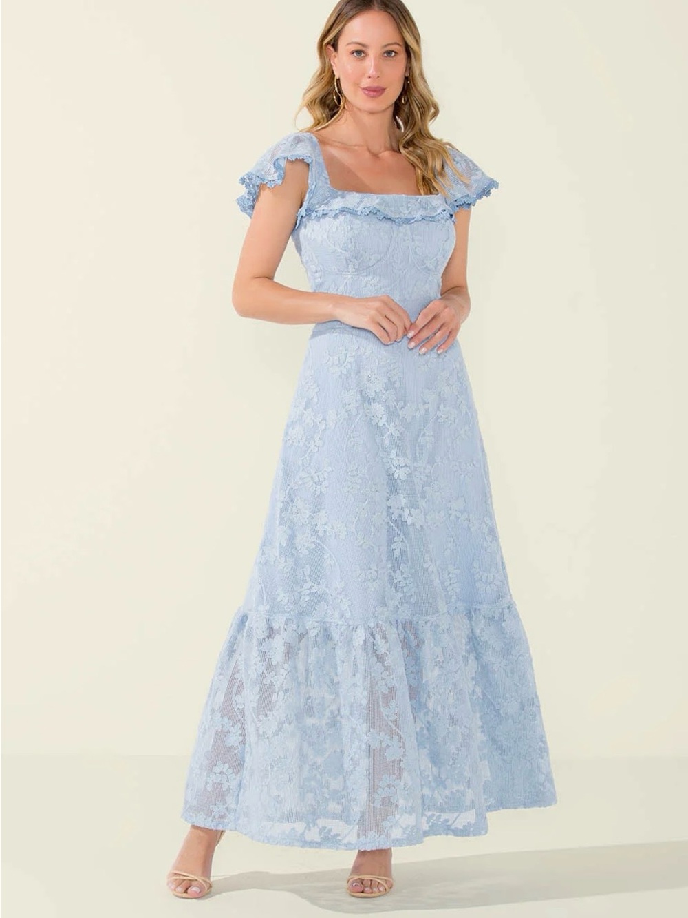 Light Blue Lace Maxi Dress with Flutter Sleeves